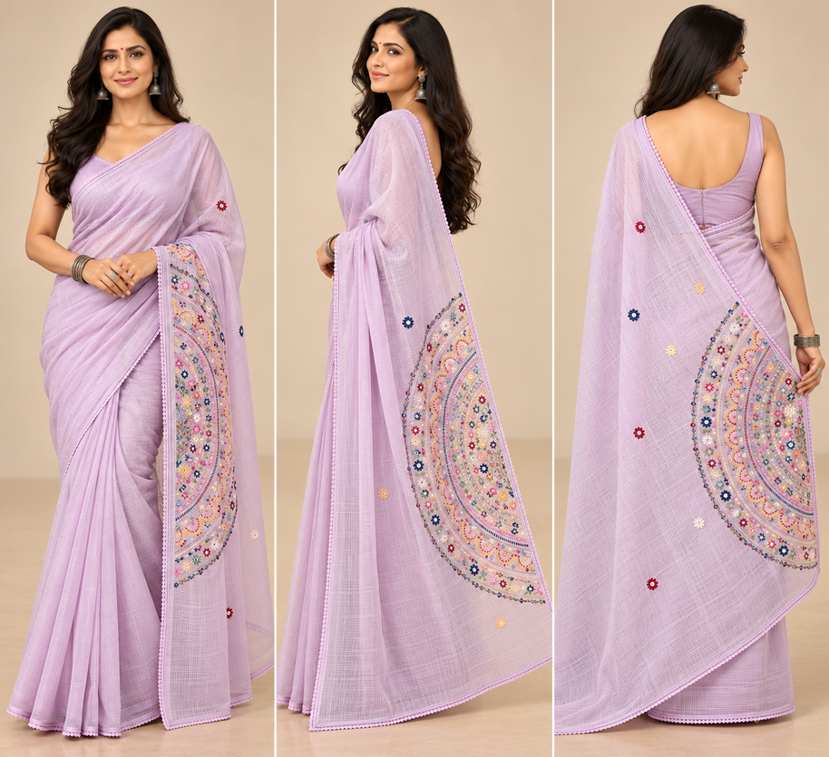 Light Pink Embroidered Kota Semi Silk Saree