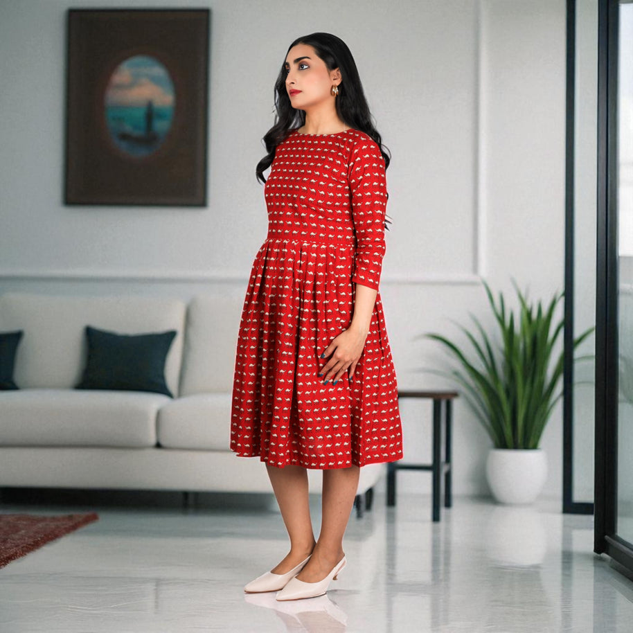 Red Camel Handblock Cotton Gathered Dress