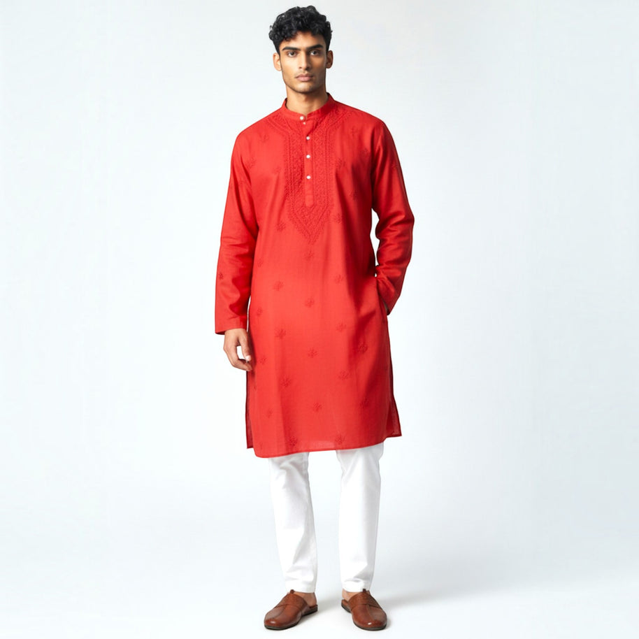 Dark Red Chikankari Cotton Kurta