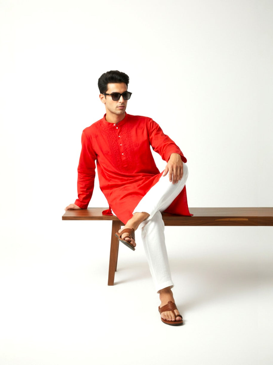 Dark Red Chikankari Cotton Kurta