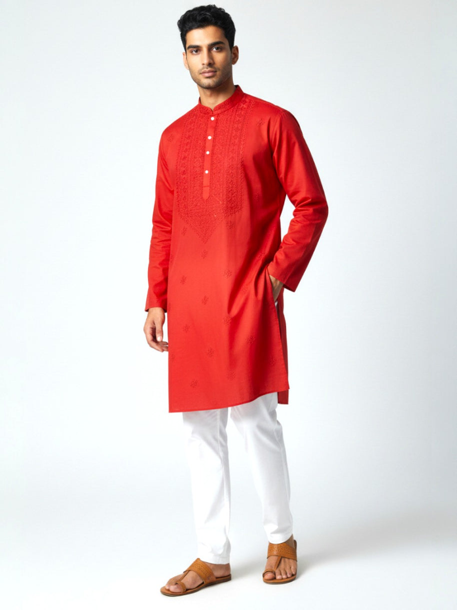 Dark Red Chikankari Cotton Kurta