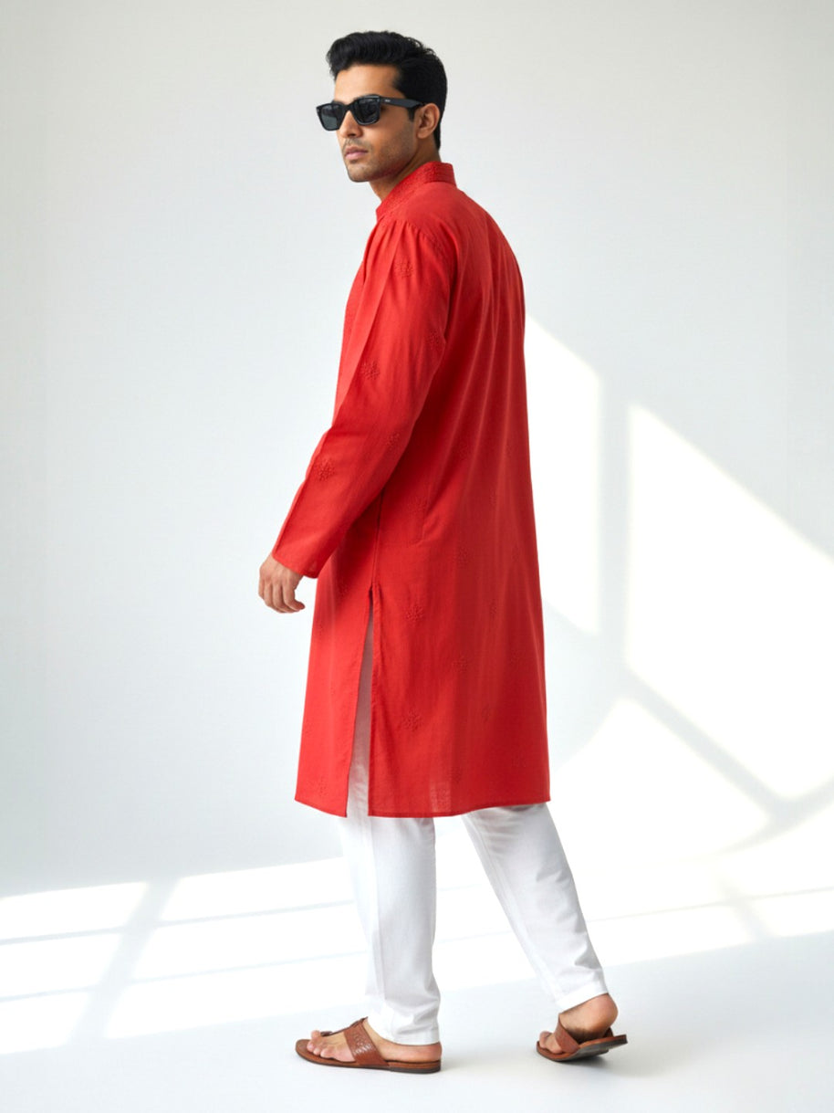 Dark Red Chikankari Cotton Kurta