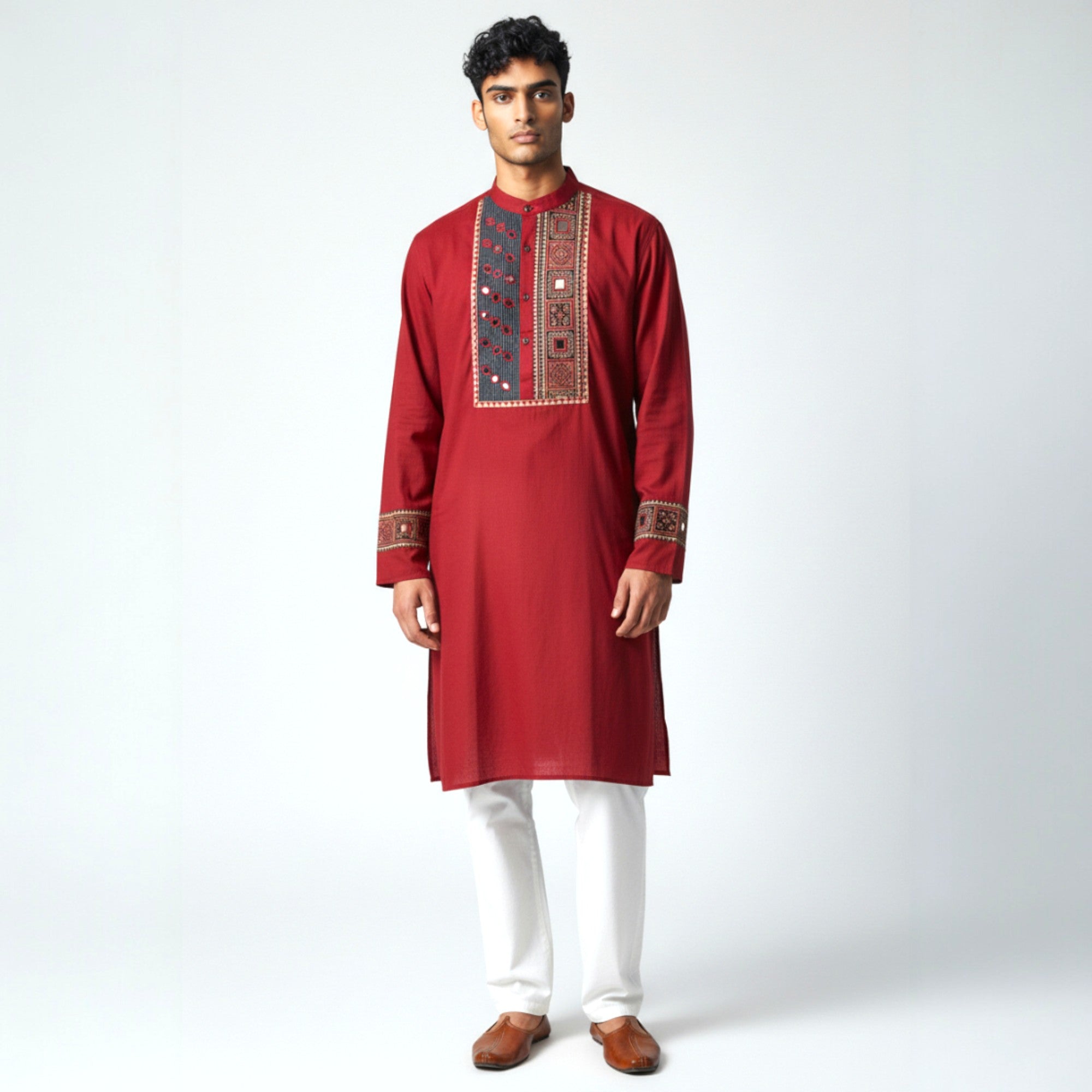 Maroon Mirror Work Cotton Kurta