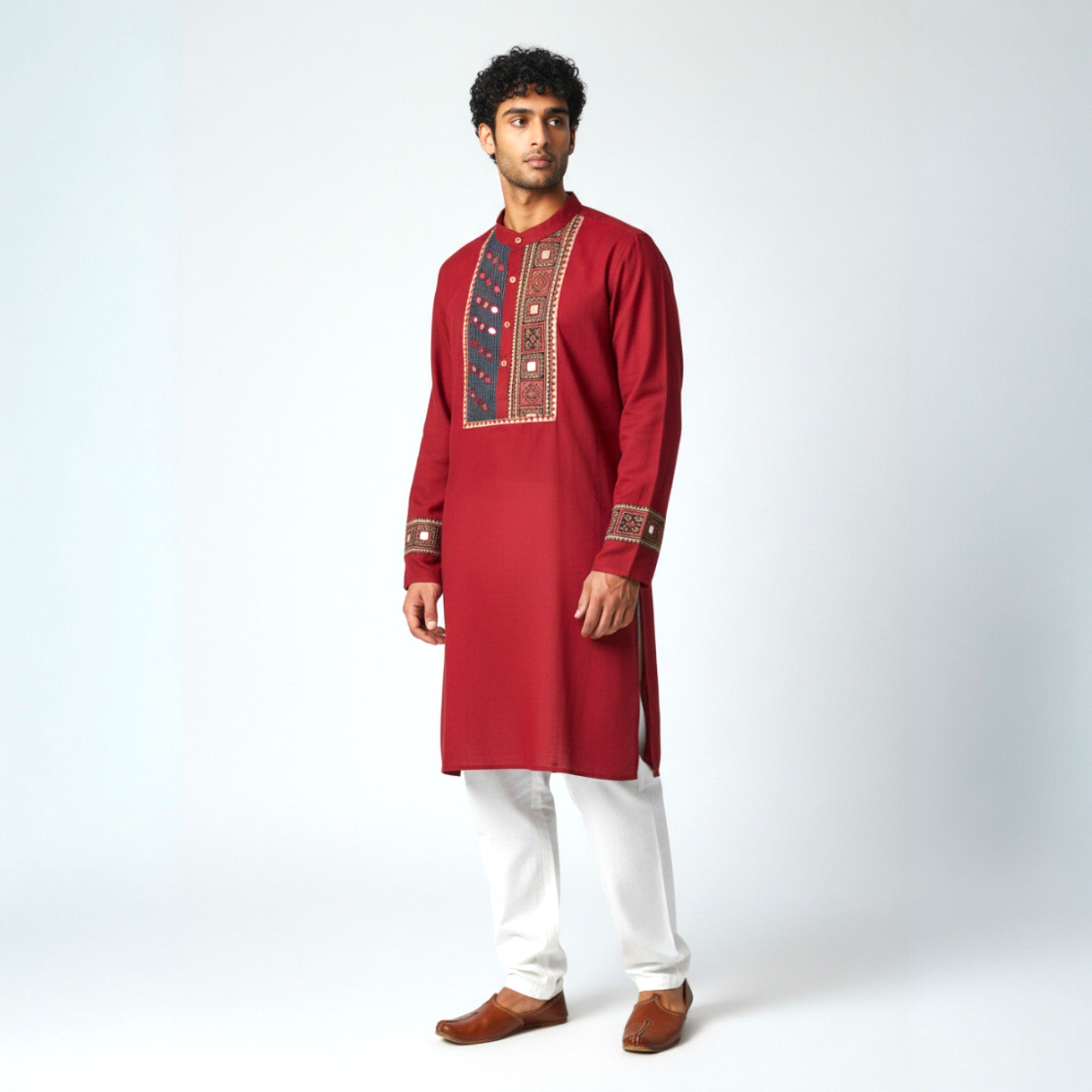 Maroon Mirror Work Cotton Kurta