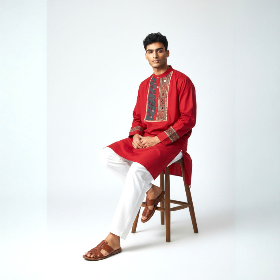 Maroon Mirror Work Cotton Kurta