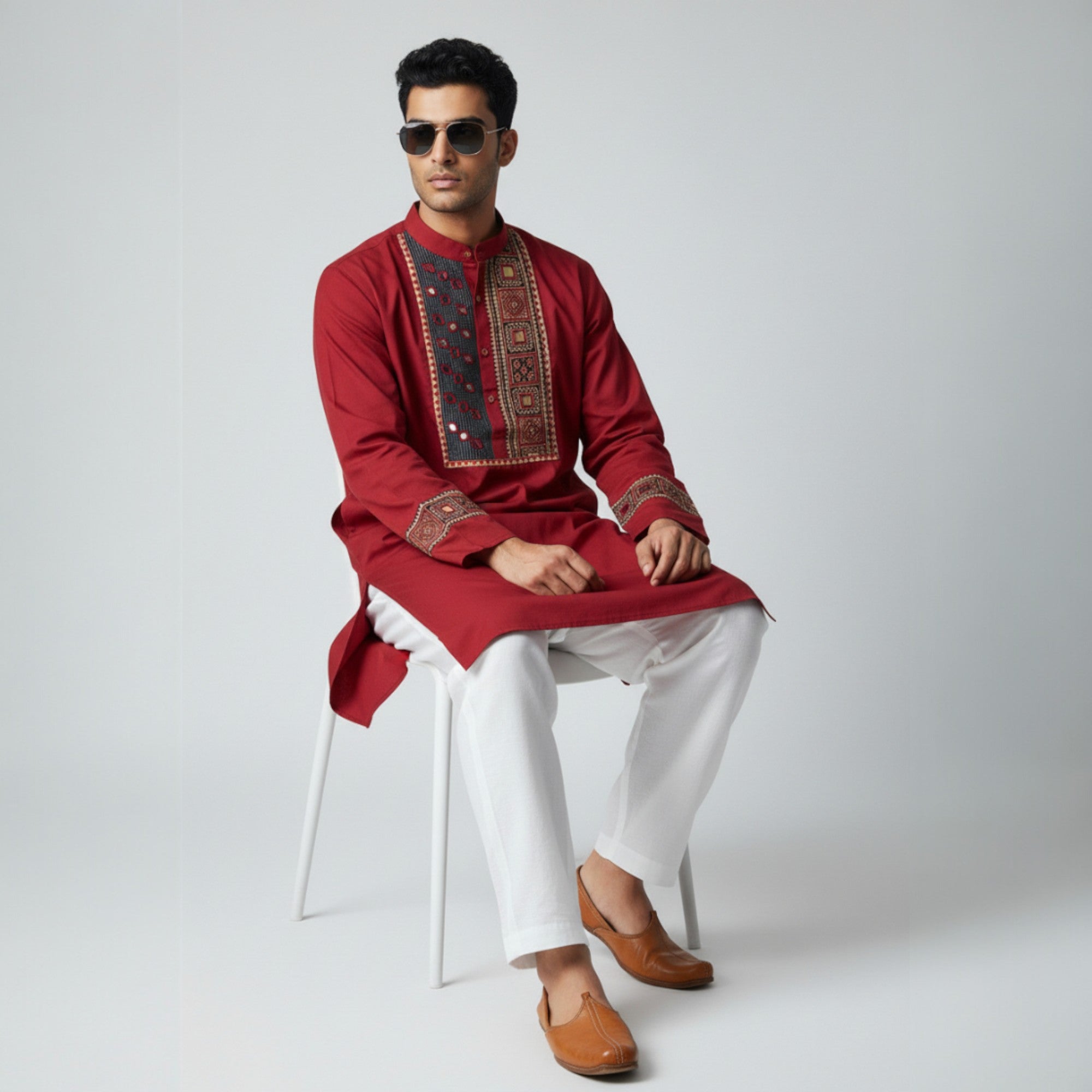 Maroon Mirror Work Cotton Kurta