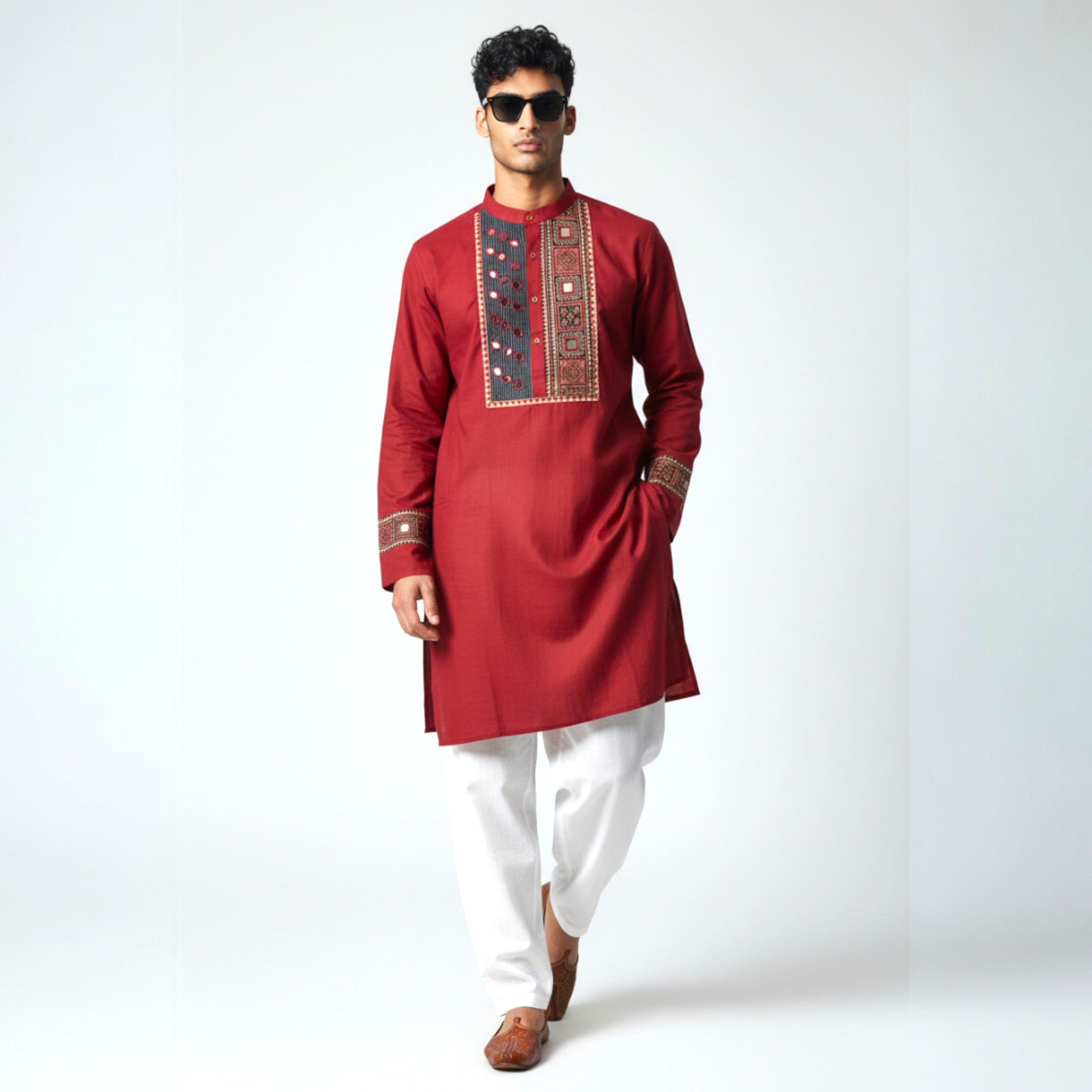 Maroon Mirror Work Cotton Kurta