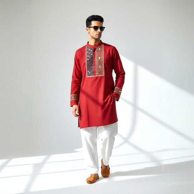 Maroon Mirror Work Cotton Kurta