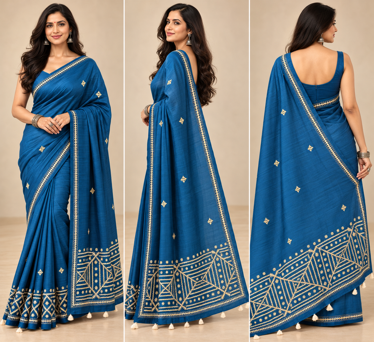 Royal Blue Embroidered Semi Tussar Saree