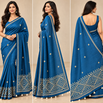 Royal Blue Embroidered Semi Tussar Saree