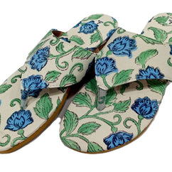 White Blue Green Floral Handblock Print Chappal
