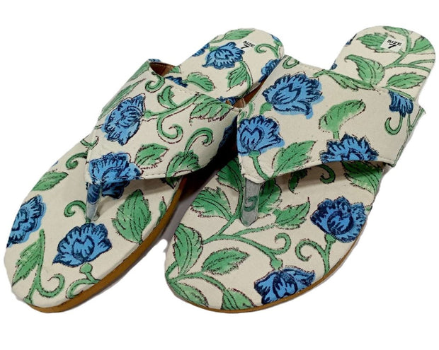 White Blue Green Floral Handblock Print Chappal