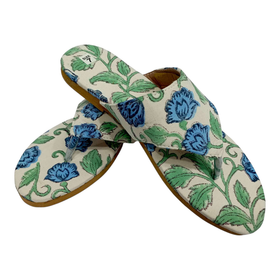 White Blue Green Floral Handblock Print Chappal