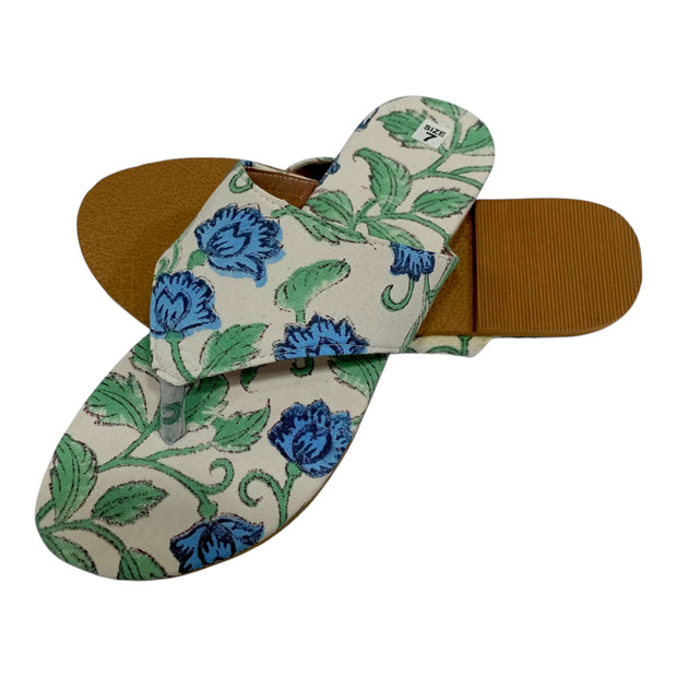 White Blue Green Floral Handblock Print Chappal