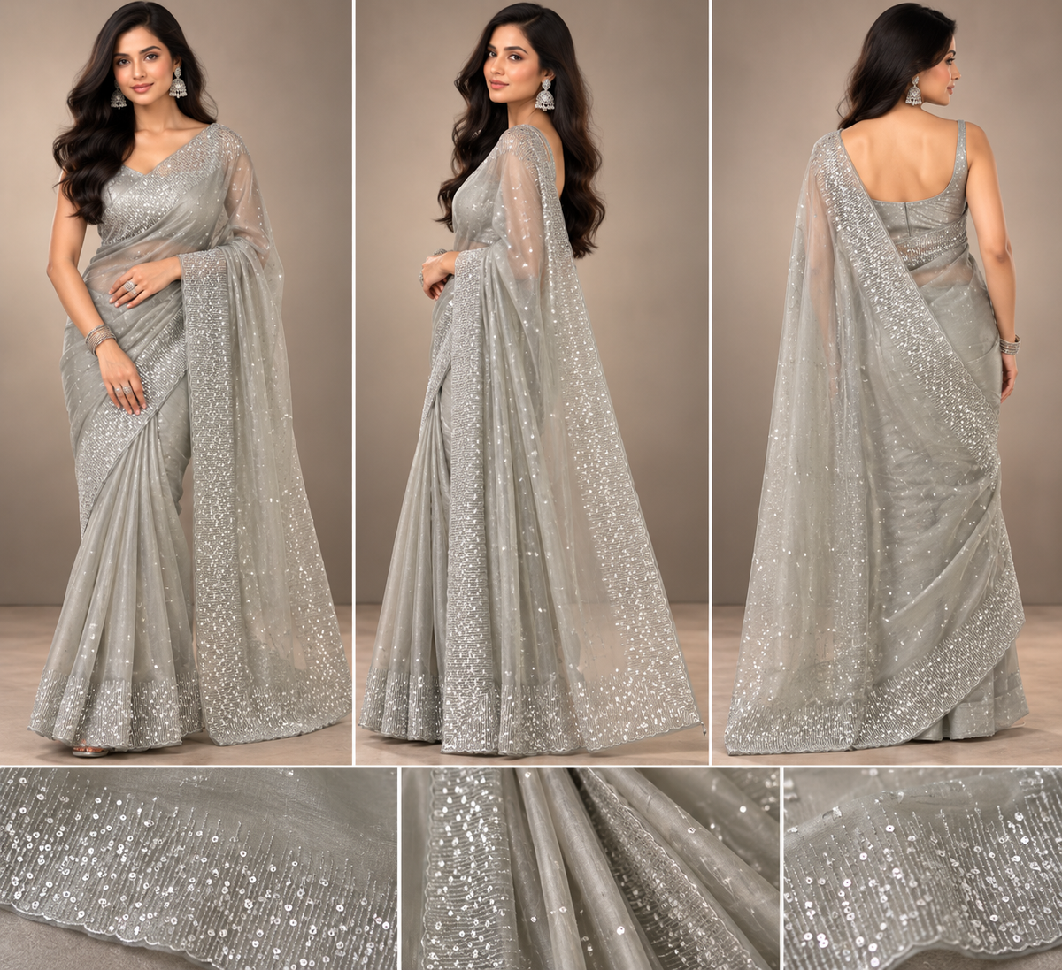 Silver Grey Sequin Tissue Saree