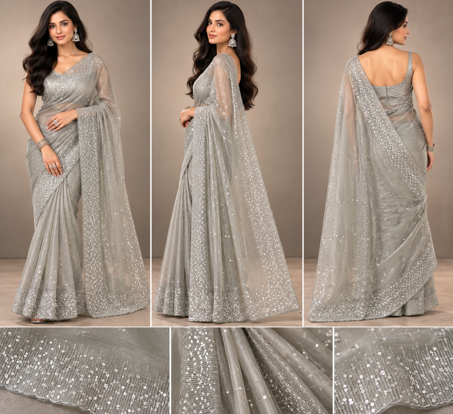 Silver Grey Sequin Tissue Saree