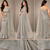 Silver Grey Sequin Tissue Saree