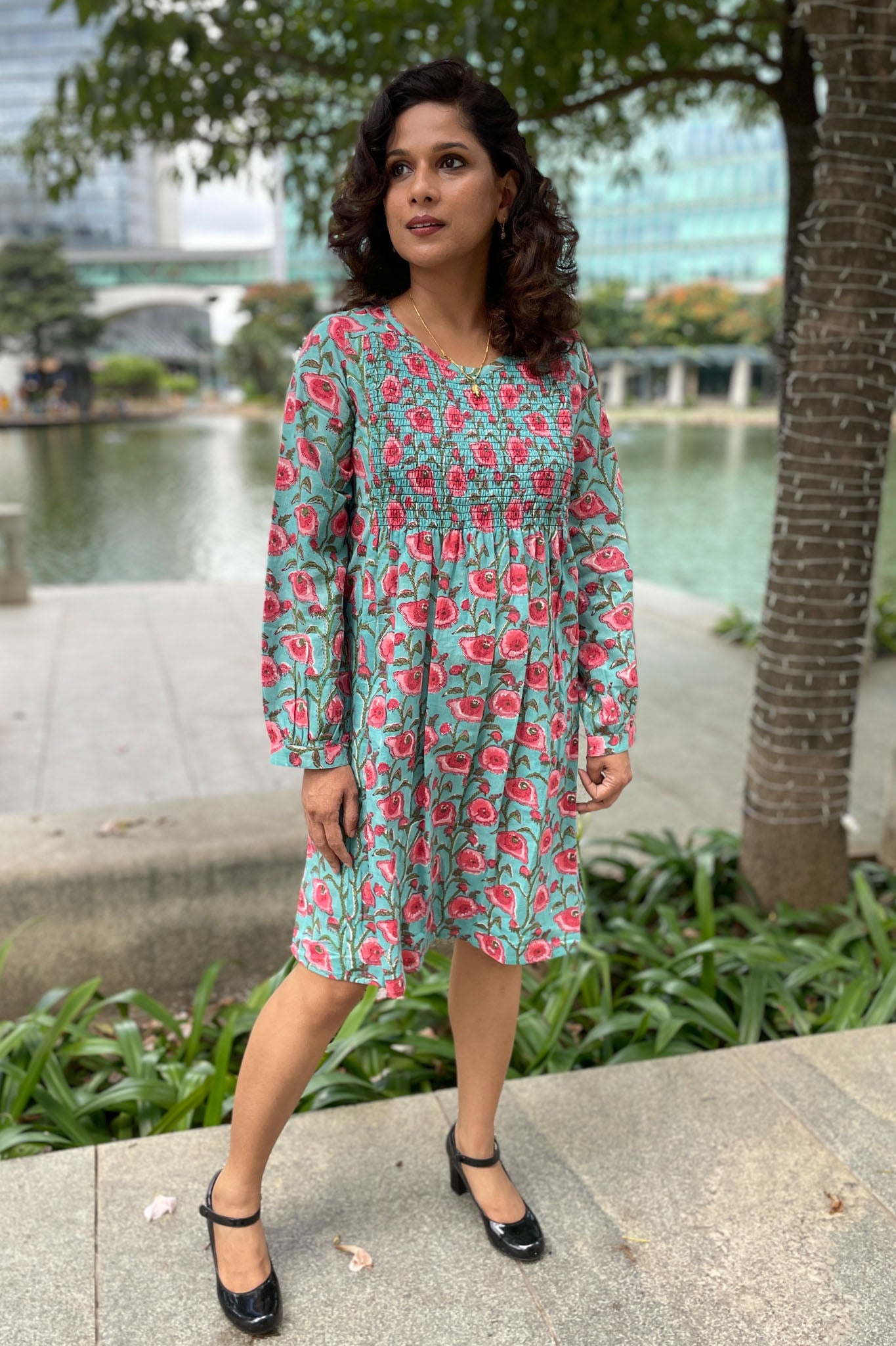 Neelira Handblock Smocked Cotton Dress