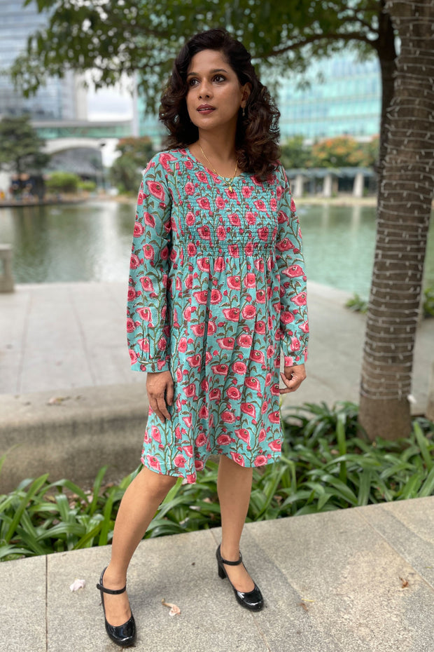 Neelira Handblock Smocked Cotton Dress