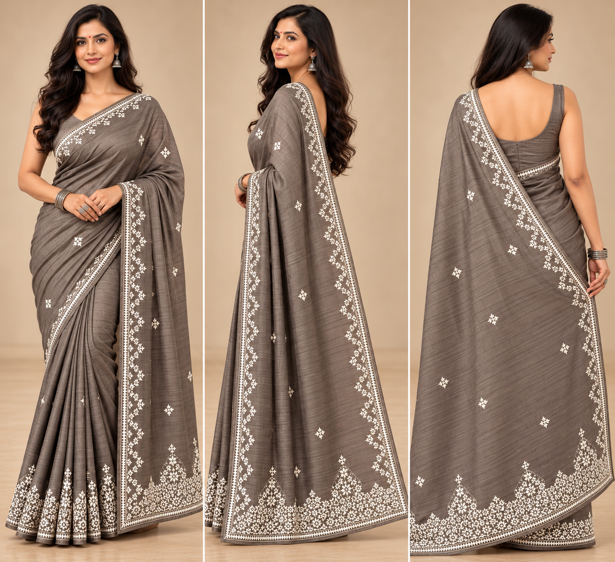 Taupe Brown Embroidered Semi Tussar Saree