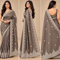 Taupe Brown Embroidered Semi Tussar Saree