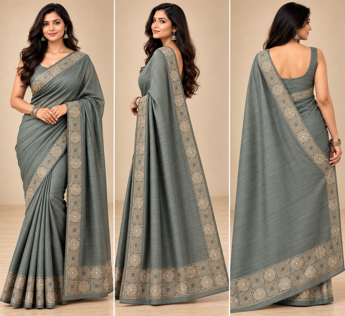 Teal Green Geometric Semi Tussar Saree