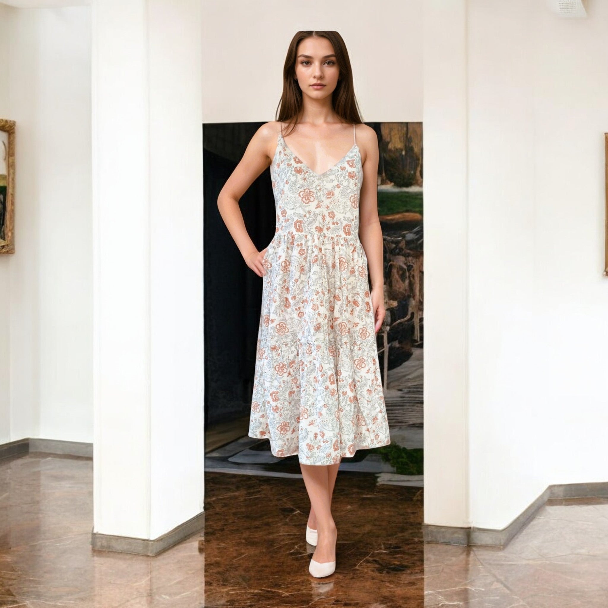 White Red Smocking Handblock Cotton Strap Dress