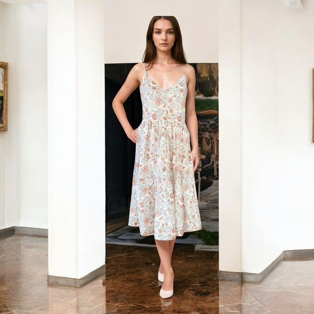 White Red Smocking Handblock Cotton Strap Dress