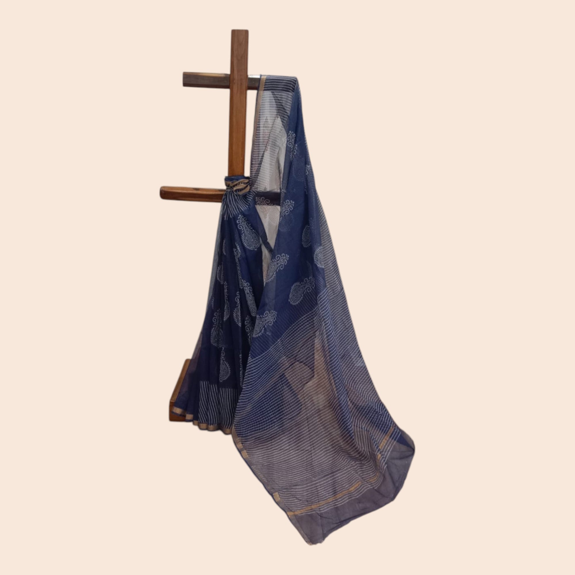 Blue Stripe Handblock Kota Cotton Saree