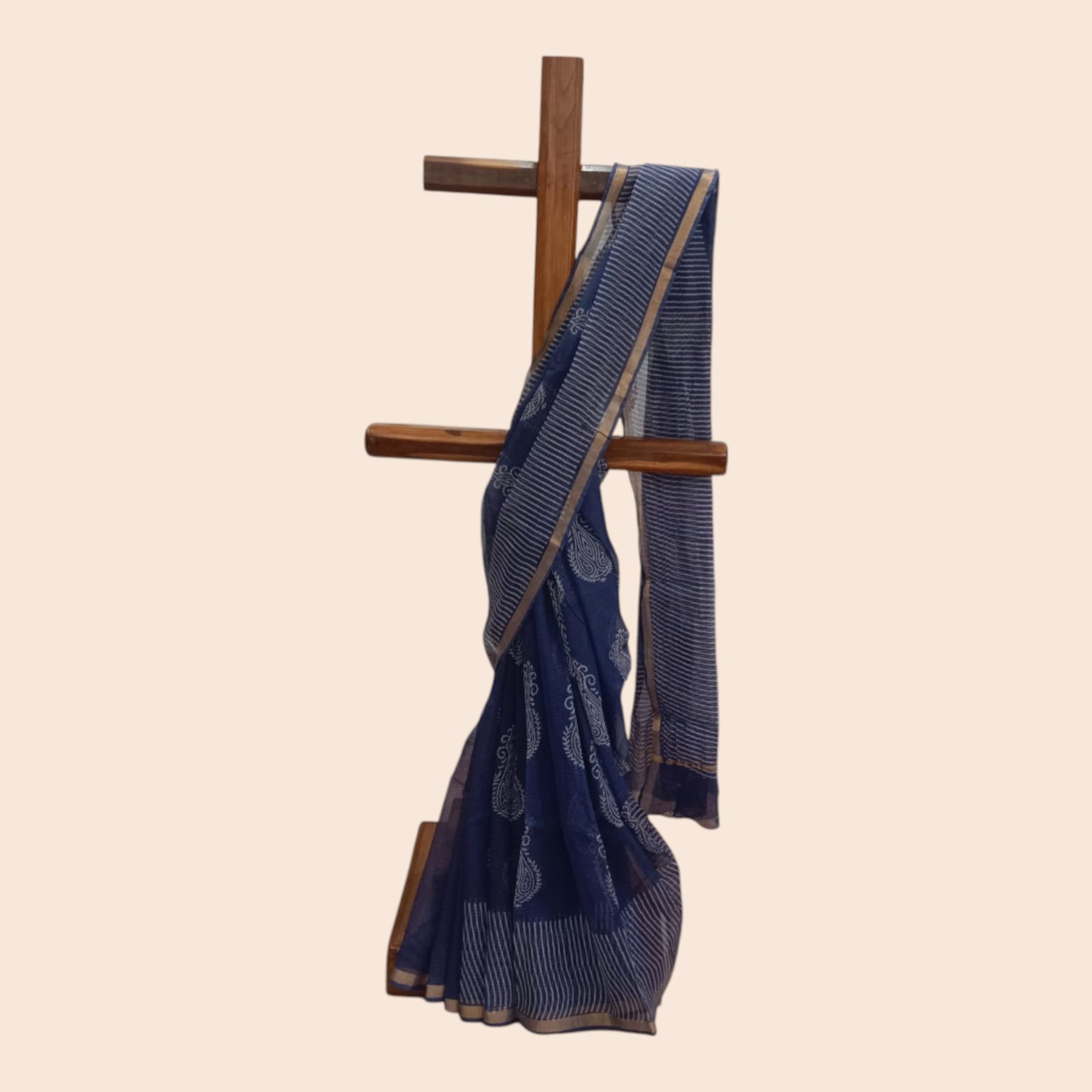 Blue Stripe Handblock Kota Cotton Saree