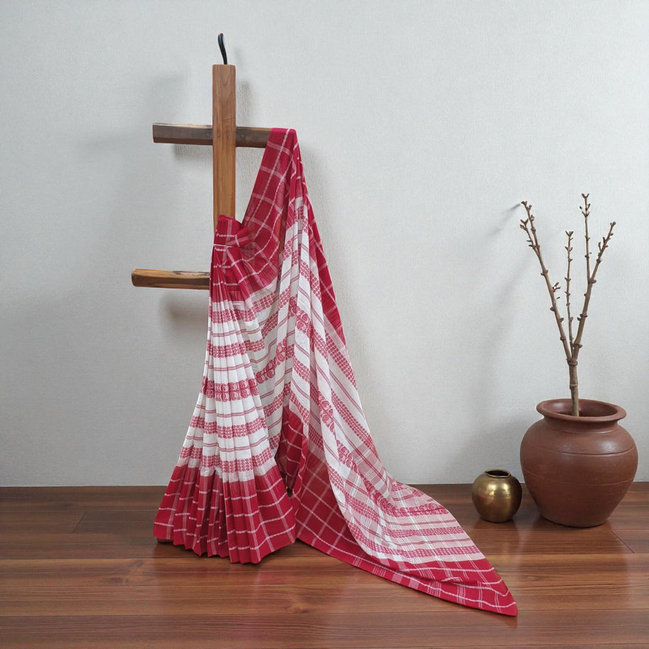 White Red Check Handwoven Cotton Saree