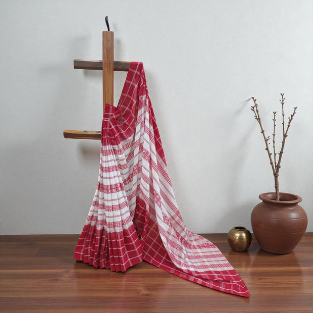 White Red Check Handwoven Cotton Saree