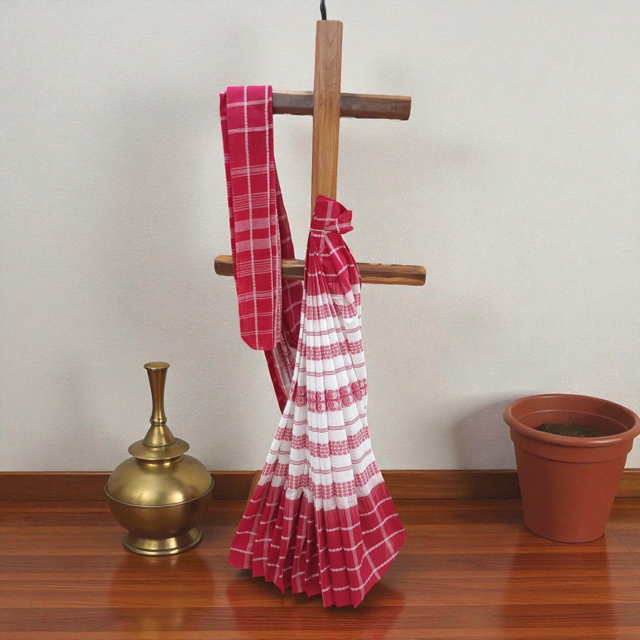 White Red Check Handwoven Cotton Saree