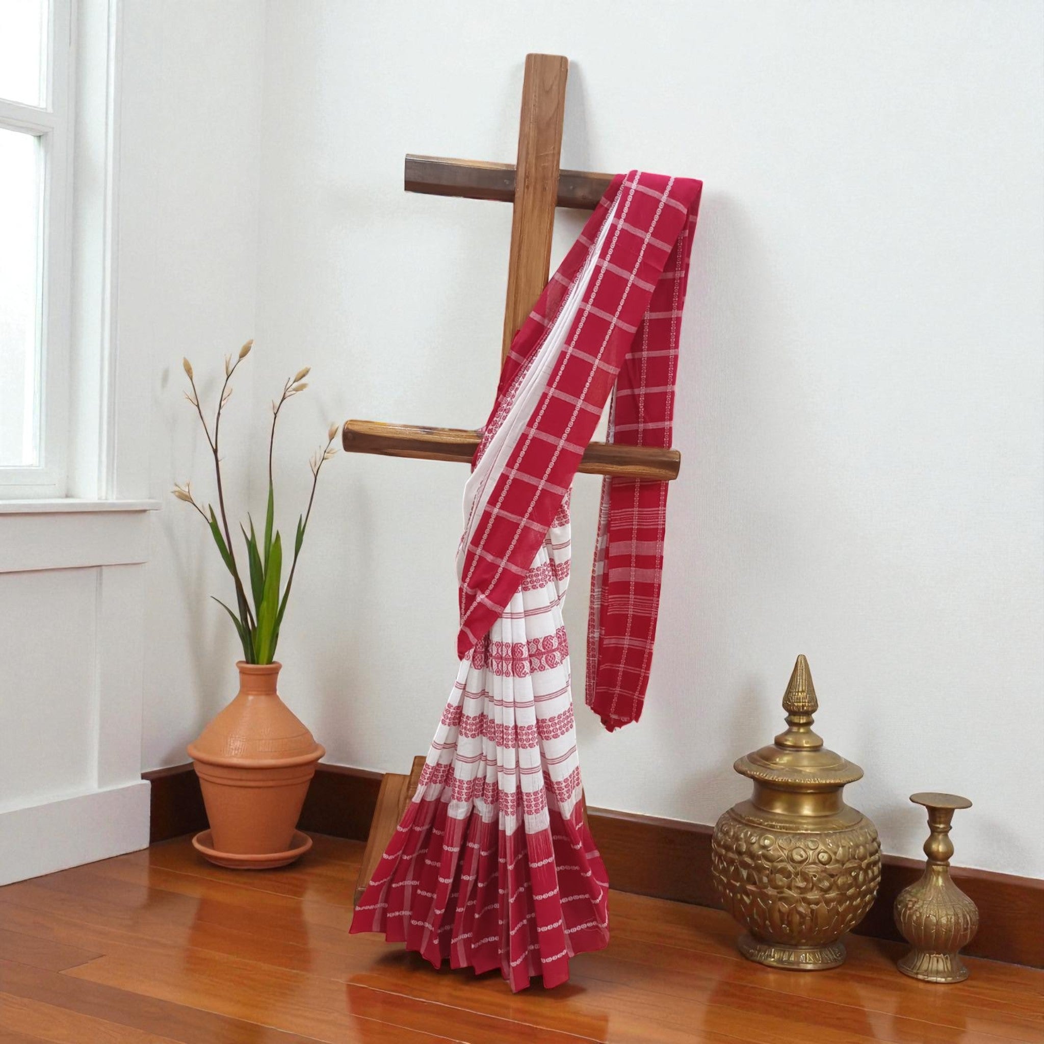 White Red Check Handwoven Cotton Saree