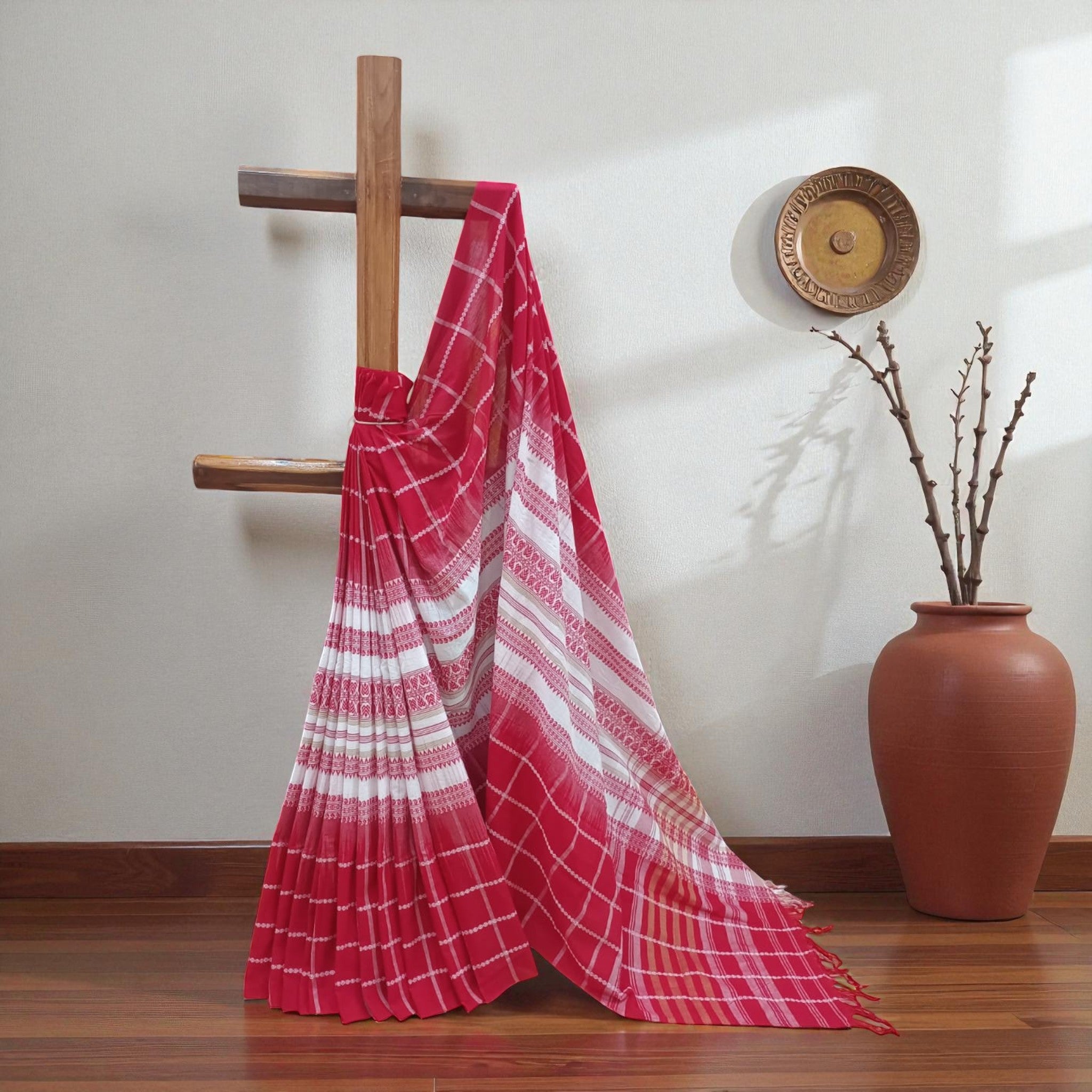 White Red Stripe Handwoven Cotton Saree