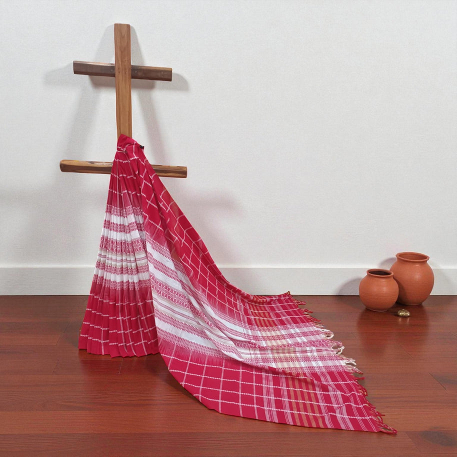 White Red Stripe Handwoven Cotton Saree