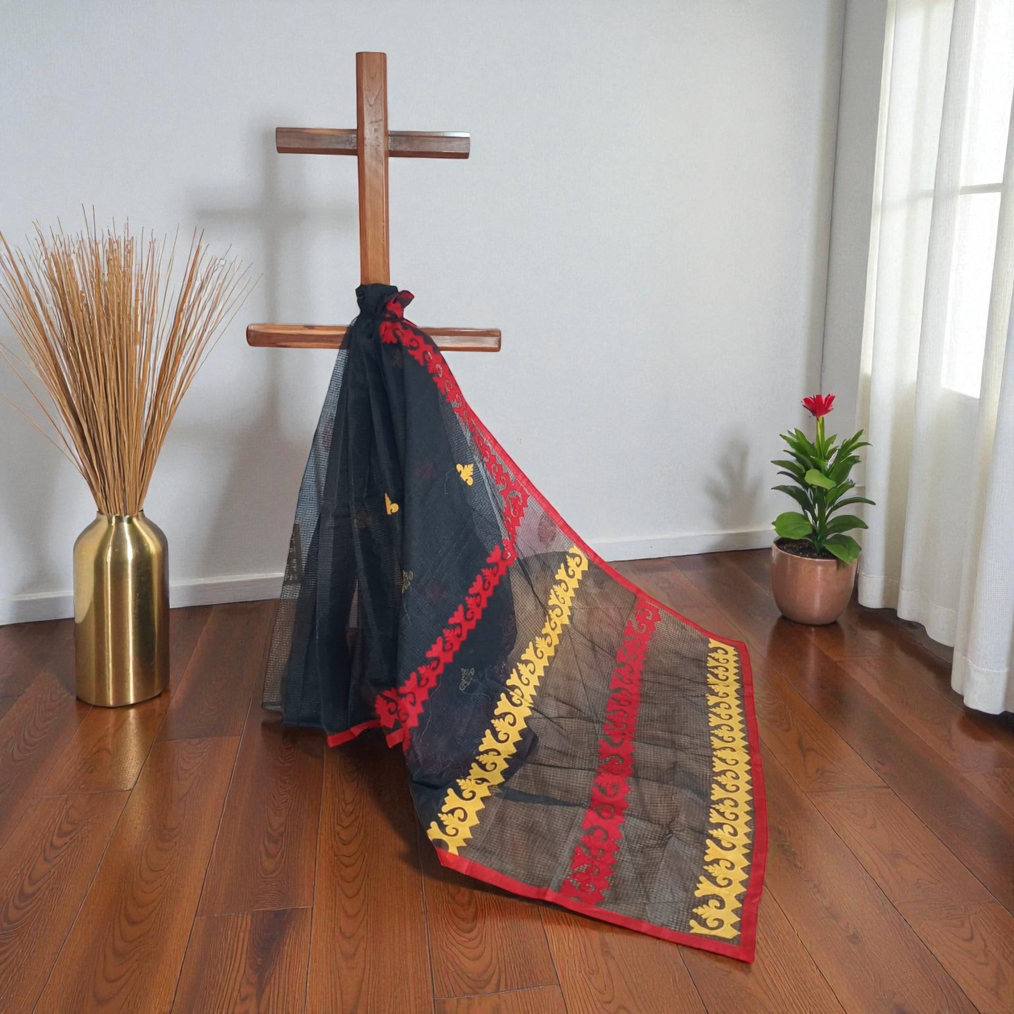 Black Red Stripe Applique Kota Cotton Saree