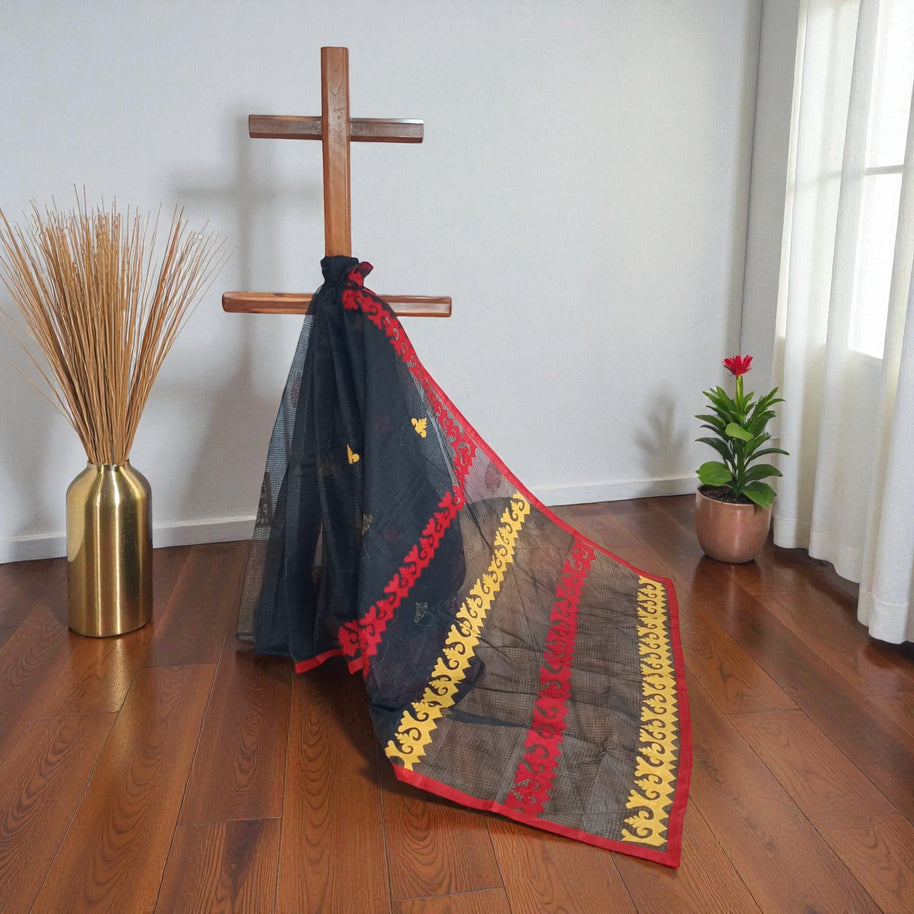 Black Red Stripe Applique Kota Cotton Saree