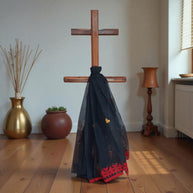 Black Red Stripe Applique Kota Cotton Saree