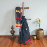 Black Red Stripe Applique Kota Cotton Saree