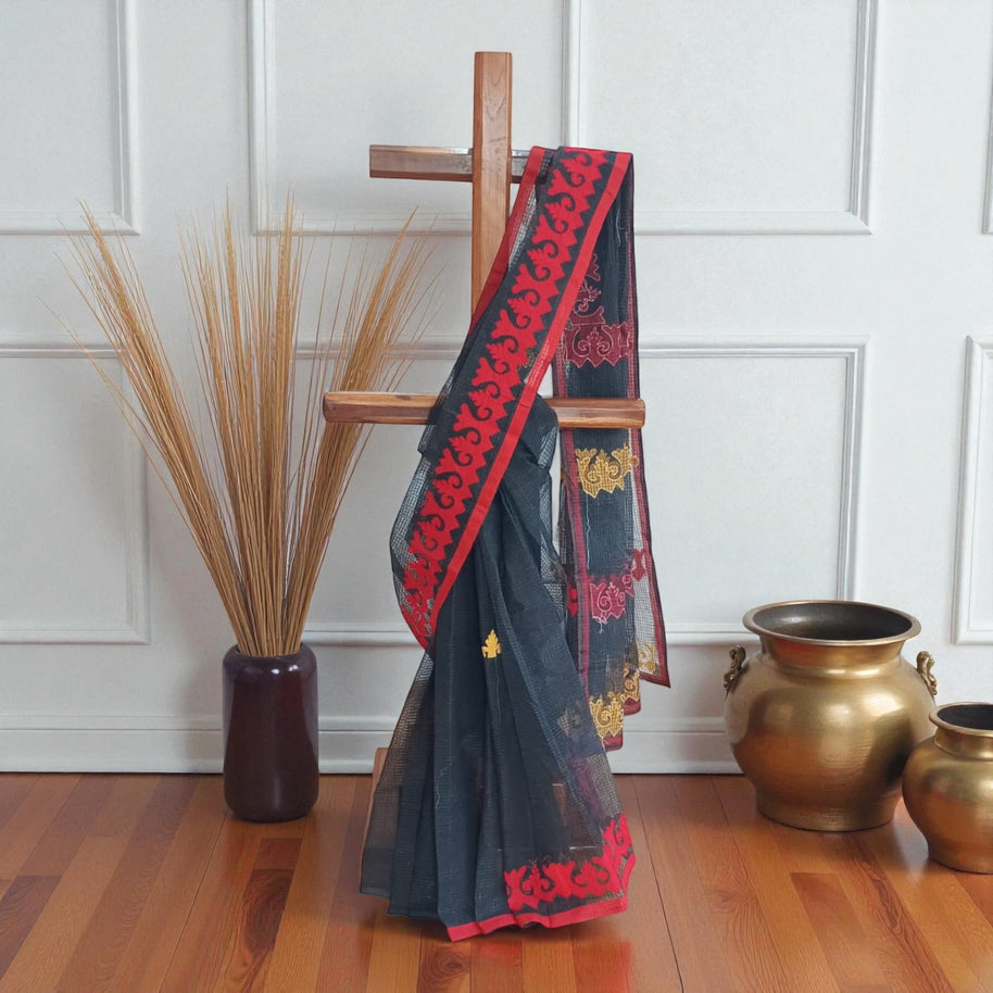 Black Red Stripe Applique Kota Cotton Saree