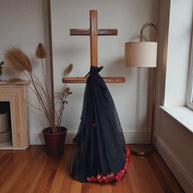 Black Red Applique Kota Cotton Saree