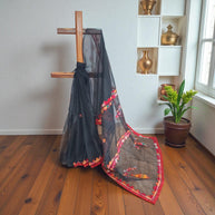 Black Red Applique Kota Cotton Saree