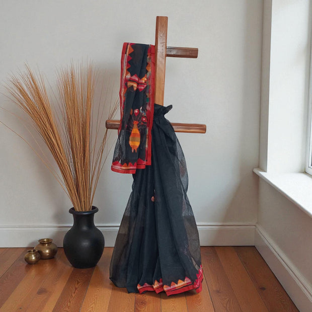 Black Red Applique Kota Cotton Saree