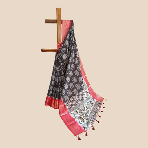 Black Soft Litchi Silk Saree