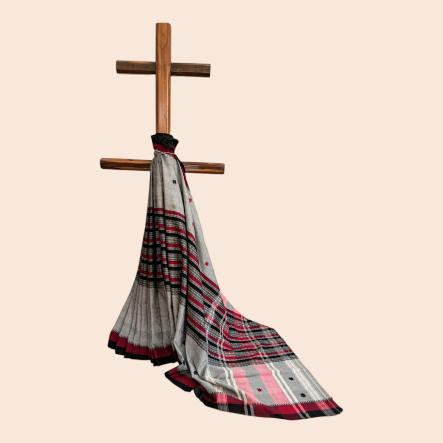 Grey Black Stripe Handwoven Cotton Saree