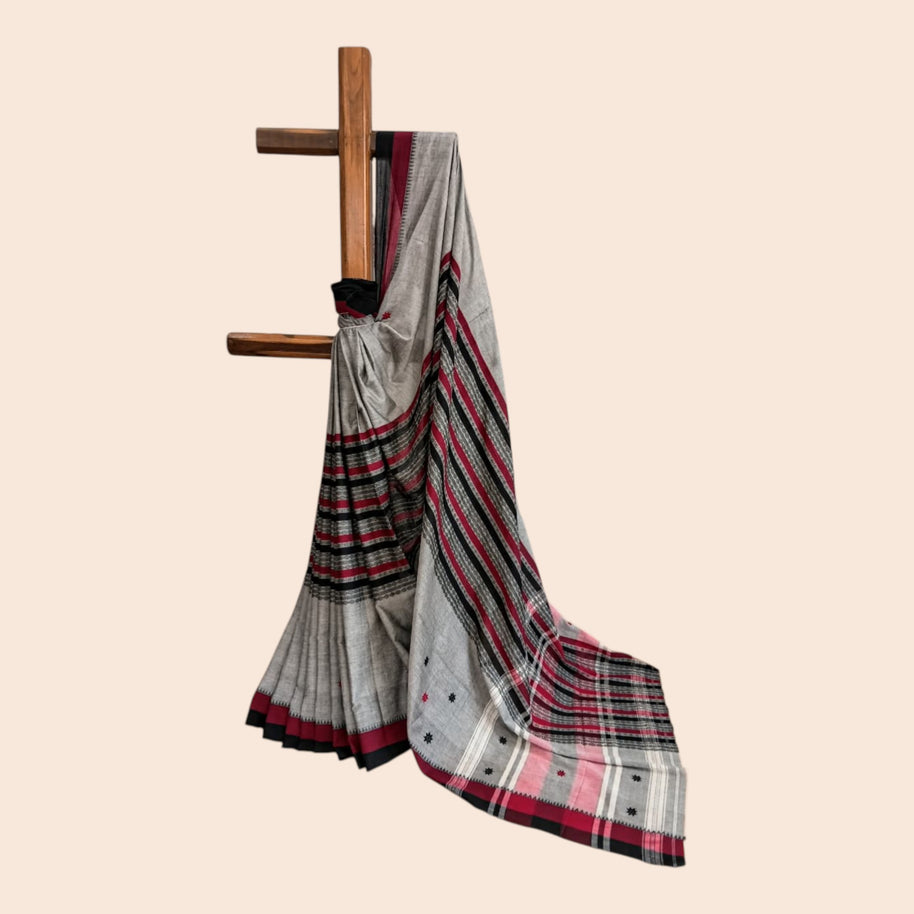 Grey Black Stripe Handwoven Cotton Saree