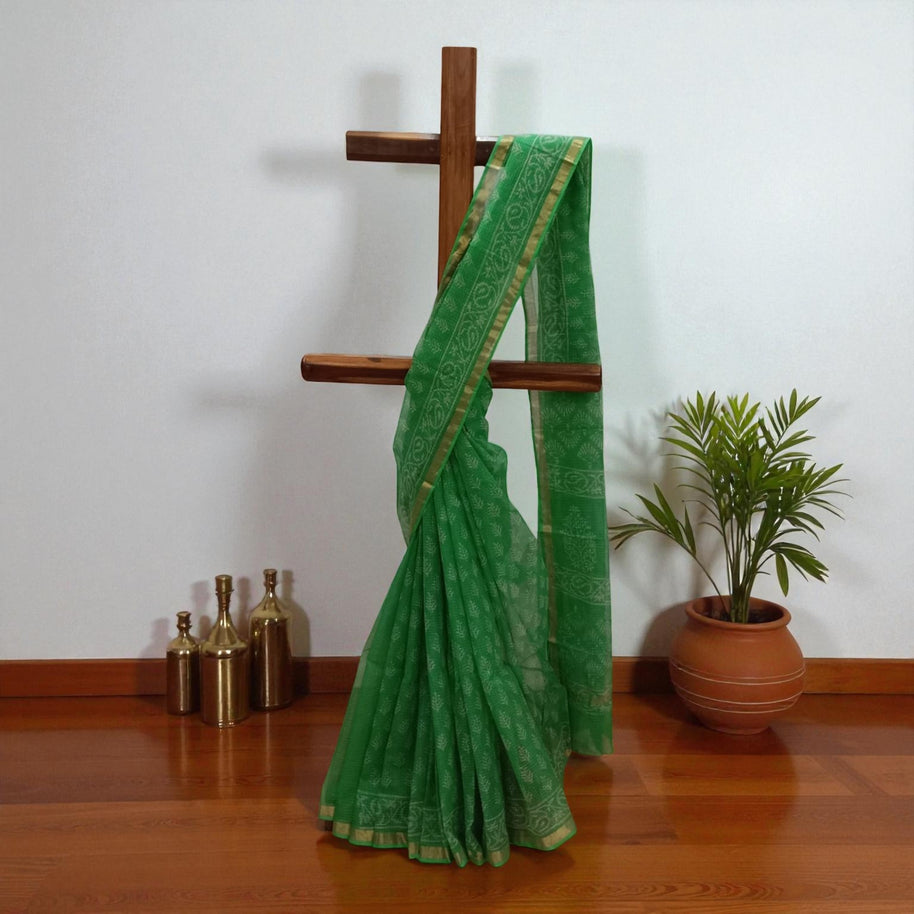Green Leaf Handblock Kota Cotton Saree