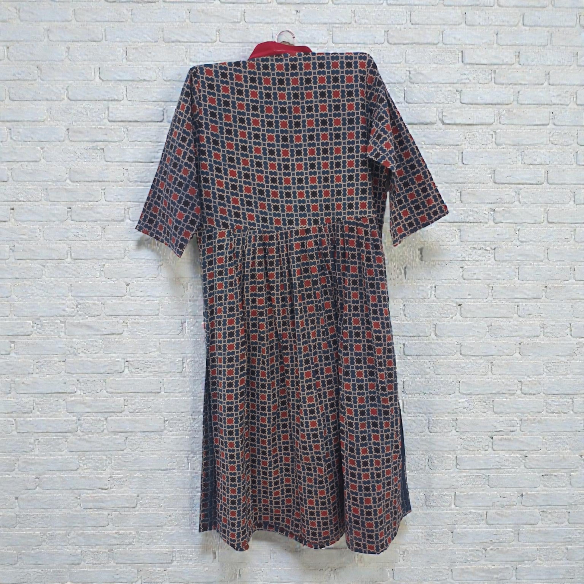 Blue Red Mirror Work Cotton Kurta