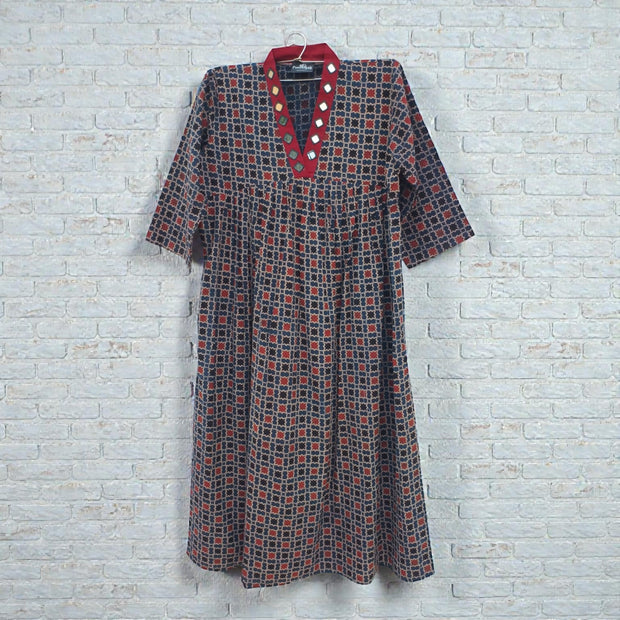 Blue Red Mirror Work Cotton Kurta